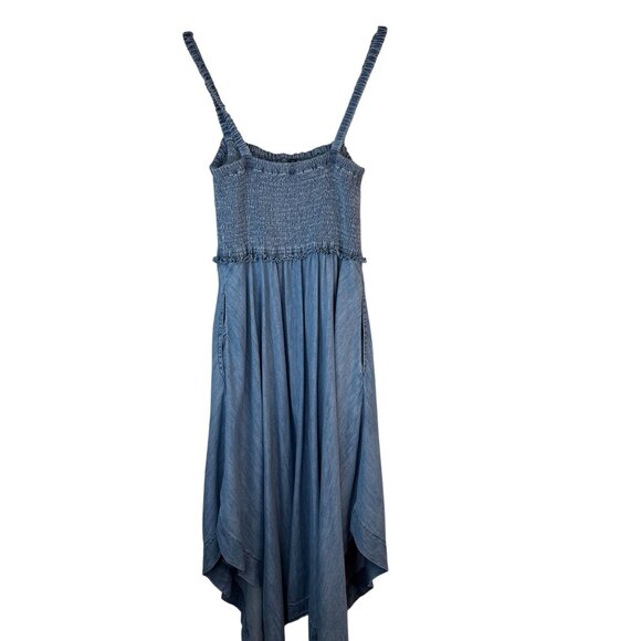 Gap Smocked Medium Empire Waist Blue Midi Dress Asymmetrical Hem - Picture 3 of 12